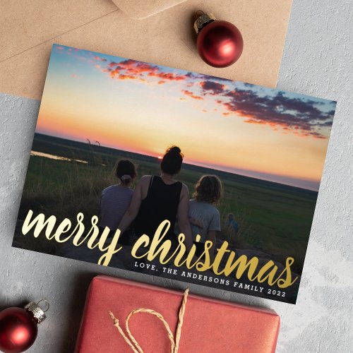 Gold Merry Christmas Landscape Family Photo Foil Holiday Card