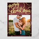 Gold Merry Christmas Letter Frame Gradient Photo Foil Holiday Card<br><div class="desc">Real Gold Merry Christmas Holiday Letter Swirl Photo Card. Dark Purple Gradient,  bright and happy. Merry Christmas in awesome lettering. A beautiful bright card with a beautiful pattern backer.</div>