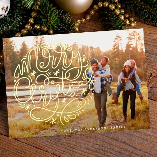 Gold Merry Christmas Lettering Family Photo Foil Holiday Card