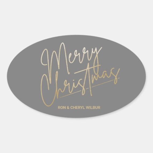 Gold Merry Christmas Luxe Gray Oval Sticker