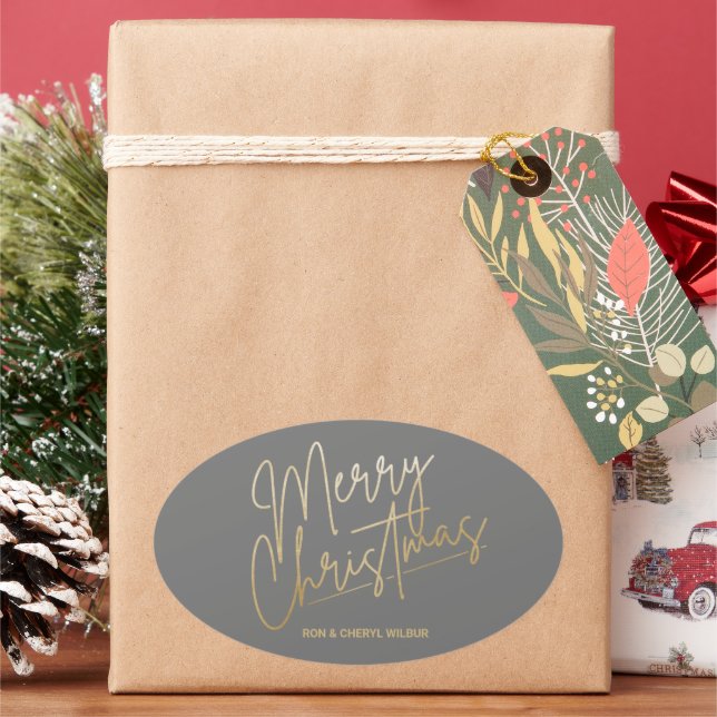 Gold Merry Christmas Luxe Gray Oval Sticker (Holiday)