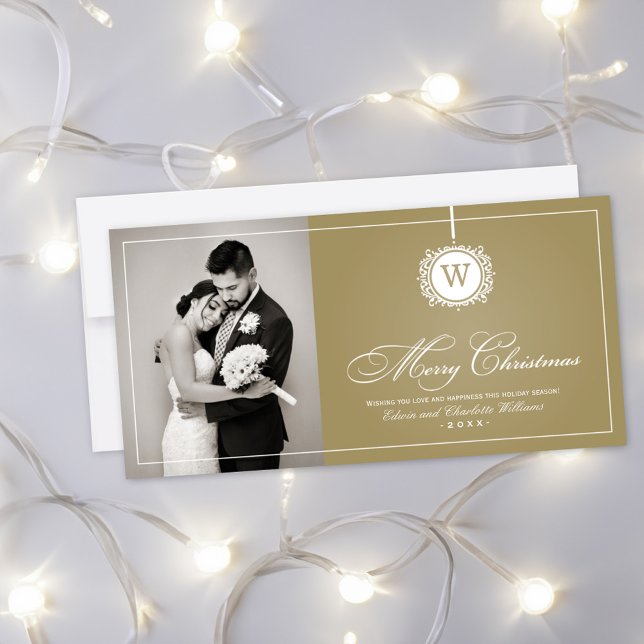 Gold Merry Christmas Monogram Ornament Photo Holiday Card (Creator Uploaded)