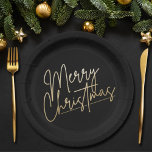 Gold Merry Christmas on Black Paper Plates<br><div class="desc">Merry Christmas text in chic fancy lettering in gold faux foil is featured on black holiday paper plates in two sizes. MATCHING items in our store.</div>