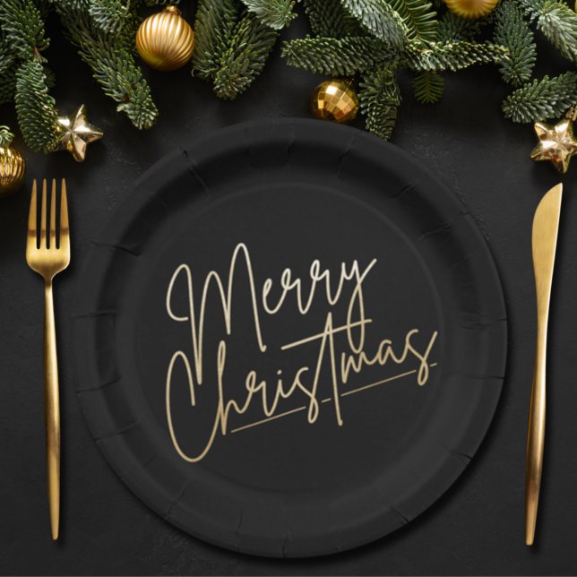 Gold Merry Christmas on Black Paper Plates (Creator Uploaded)