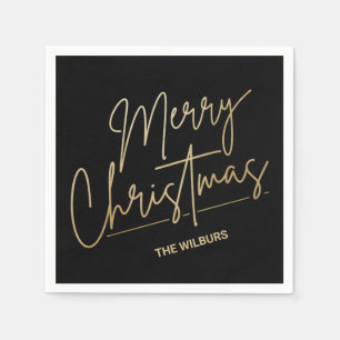 Gold Merry Christmas on Black Personalized Napkins