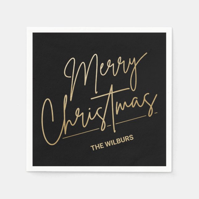 Gold Merry Christmas on Black Personalized Napkins (Front)