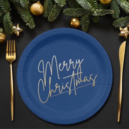 Gold Merry Christmas on Blue Paper Plates