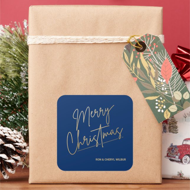 Gold Merry Christmas on Blue Square Sticker (Holiday)