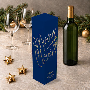 Gold Merry Christmas on Blue Wine Box