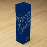 Gold Merry Christmas on Blue Wine Box<br><div class="desc">Merry Christmas in a faux gold foil script and your names in chic lettering, these blue wine bottle gift boxes are a stylish way to package wine Christmas gifts. MATCHING items in our collection.</div>