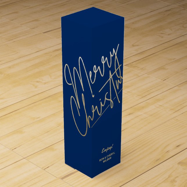 Gold Merry Christmas on Blue Wine Box (Front)