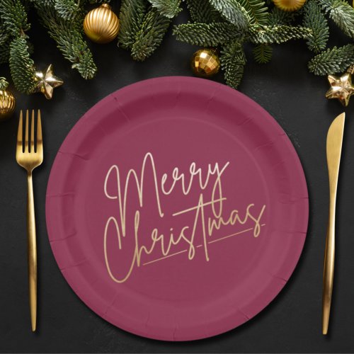 Gold Merry Christmas on Cranberry Paper Plates