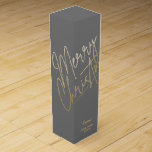 Gold Merry Christmas on Gray Wine Box<br><div class="desc">Merry Christmas in a faux gold foil script and your names in chic lettering,  these gray wine bottle gift boxes are a stylish way to package wine  Christmas gifts.</div>