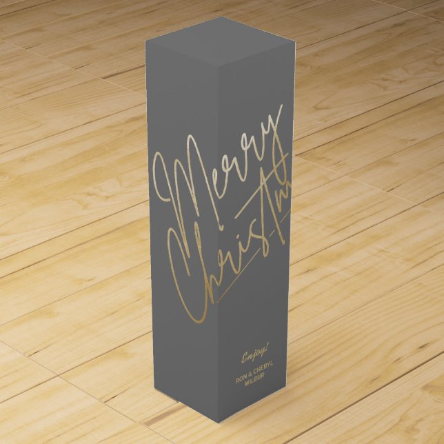 Gold Merry Christmas on Gray Wine Box (Front)