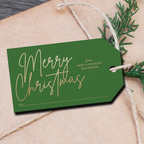 Gold Merry Christmas on Green Gift Tags