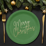 Gold Merry Christmas on Green Paper Plates<br><div class="desc">Merry Christmas text in chic fancy lettering in gold faux foil is featured on green holiday paper plates in two sizes. MATCHING items in our store.</div>