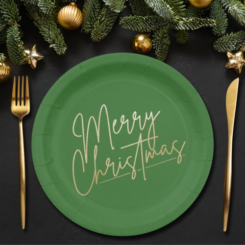 Gold Merry Christmas on Green Paper Plates