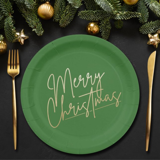Gold Merry Christmas on Green Paper Plates (Creator Uploaded)