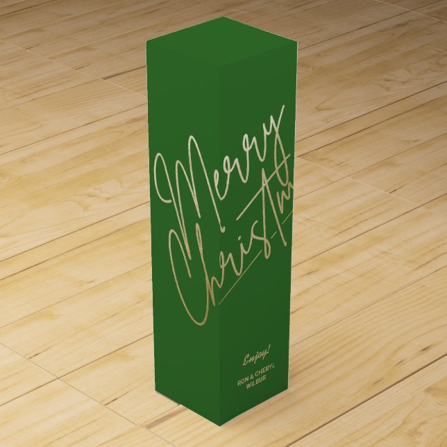 Gold Merry Christmas on Green Wine Box (Front)
