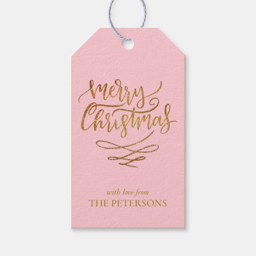 Gold Merry Christmas on Pink Botanical Silhouettes Gift Tags