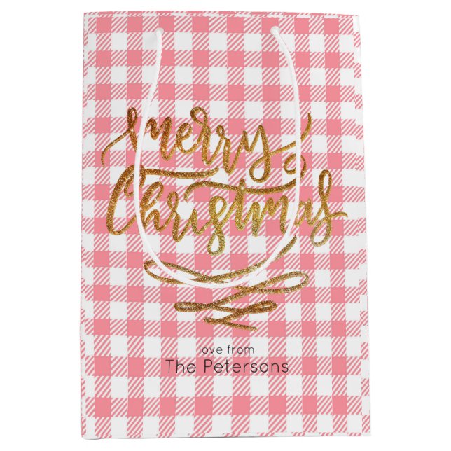 Gold Merry Christmas on Pink Gingham Plaid Medium Gift Bag (Front)