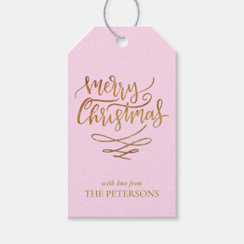 Gold Merry Christmas on Pink with Christmas Trees Gift Tags