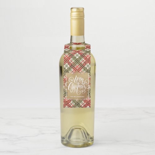 Gold Merry Christmas on Plaid Bottle Hanger Tag