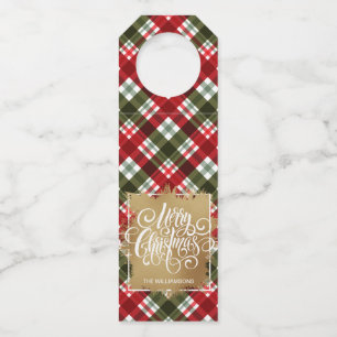 Gold Merry Christmas on Plaid Bottle Hanger Tag