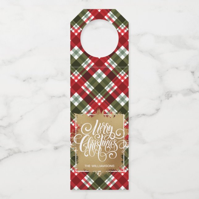 Gold Merry Christmas on Plaid Bottle Hanger Tag (Front)
