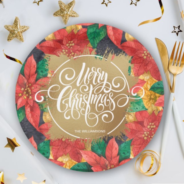 Gold Merry Christmas on Poinsettias Paper Plates (Creator Uploaded)
