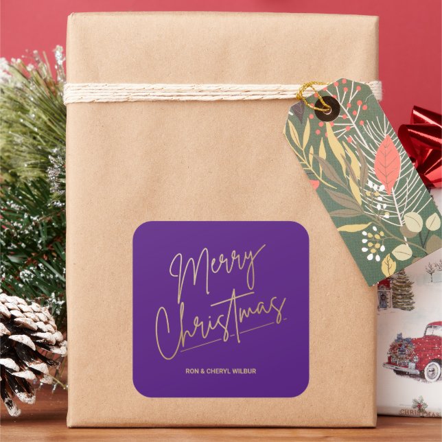 Gold Merry Christmas on Purple Square Sticker (Holiday)