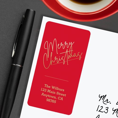 Gold Merry Christmas on Red Christmas Address Label