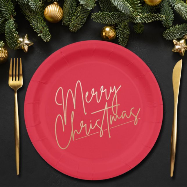 Gold Merry Christmas on Red Paper Plates (Creator Uploaded)