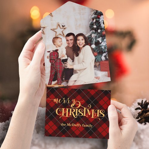 Gold Merry Christmas on Red Tartan Photo All In One Invitation
