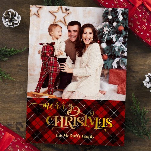 Gold Merry Christmas on Red Tartan Photo Foil Holiday Card