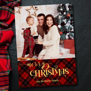 Gold Merry Christmas on Red Tartan Photo Holiday Card