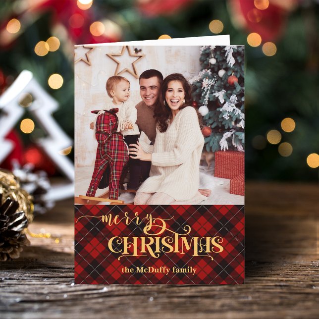 Gold Merry Christmas on Red Tartan Photo Holiday Card (Creator Uploaded)
