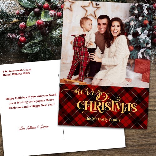 Gold Merry Christmas on Red Tartan Photo Holiday Postcard