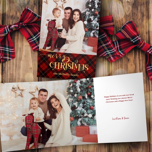 Gold Merry Christmas on Red Tartan Photo Tri_Fold Card
