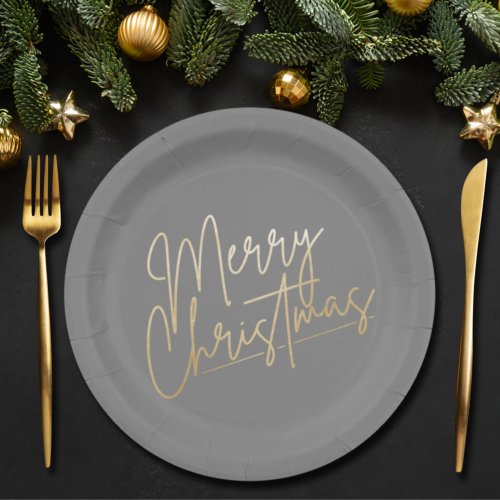 Gold Merry Christmas on Silver Gray Paper Plates