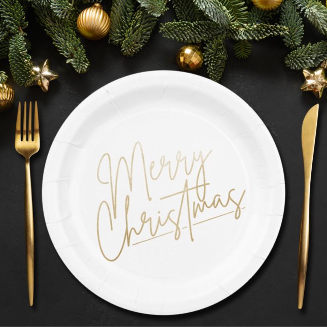 Gold Merry Christmas on White Paper Plates (Creator Uploaded)