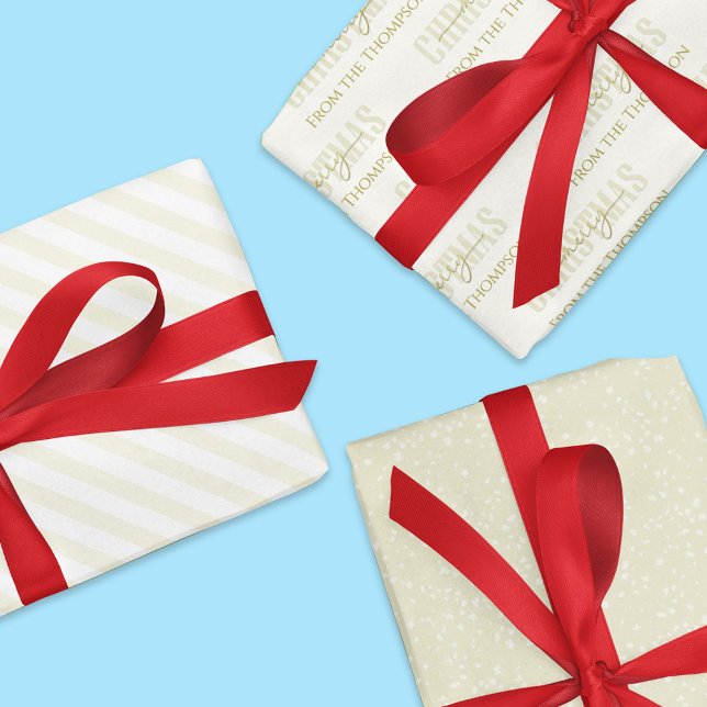 Gold Merry Christmas Pattern Custom  Wrapping Paper Sheets (Gold calligraphy script custom gift wrap with matching stripes and speckles. )