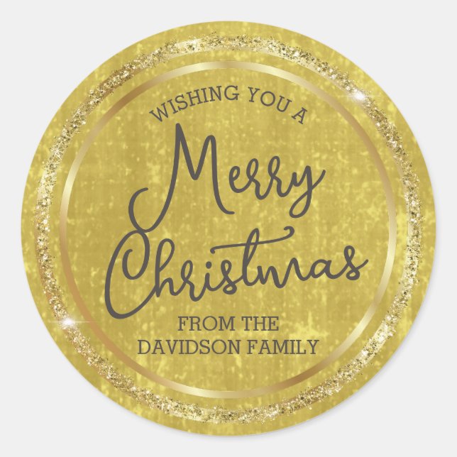 Gold Merry Christmas Personalized Classic Round Sticker (Front)