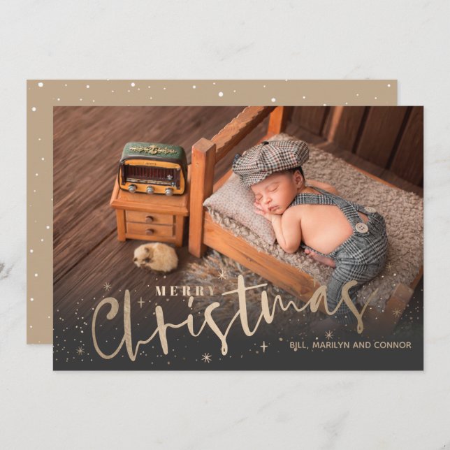 Gold Merry Christmas Photo Birth Announcements (Front/Back)