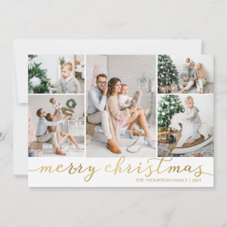 Gold Merry Christmas Photo Card Five Pictures