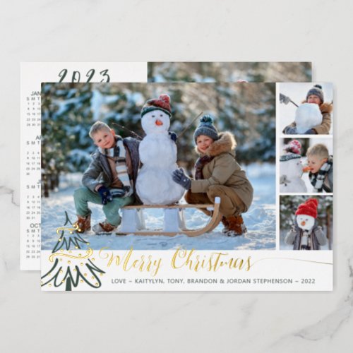Gold Merry Christmas Photo Collage 2023 Calendar Foil Holiday Card