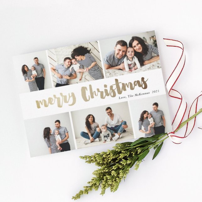 Gold Merry Christmas photo collage Holiday Card (Creator Uploaded)