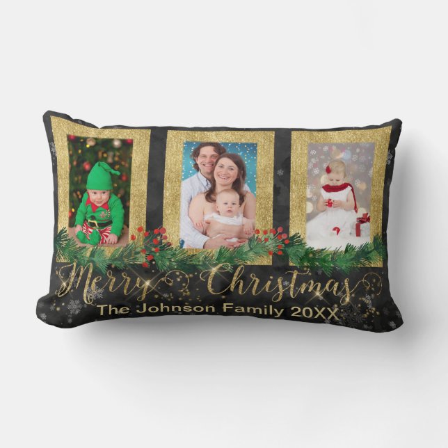 Gold Merry Christmas Photo Lumbar Pillow (Front)