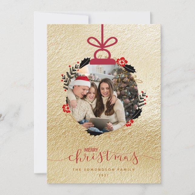Gold Merry Christmas Photo Ornament Card (Front)