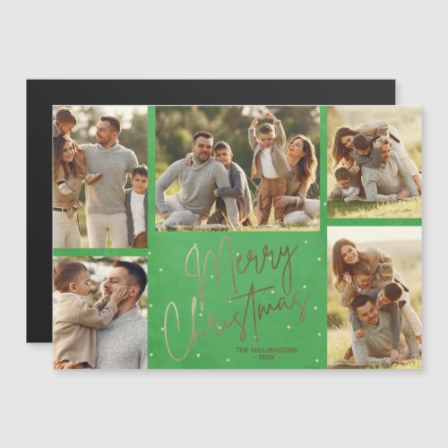 Gold Merry Christmas Photos Green Magnetic Card
